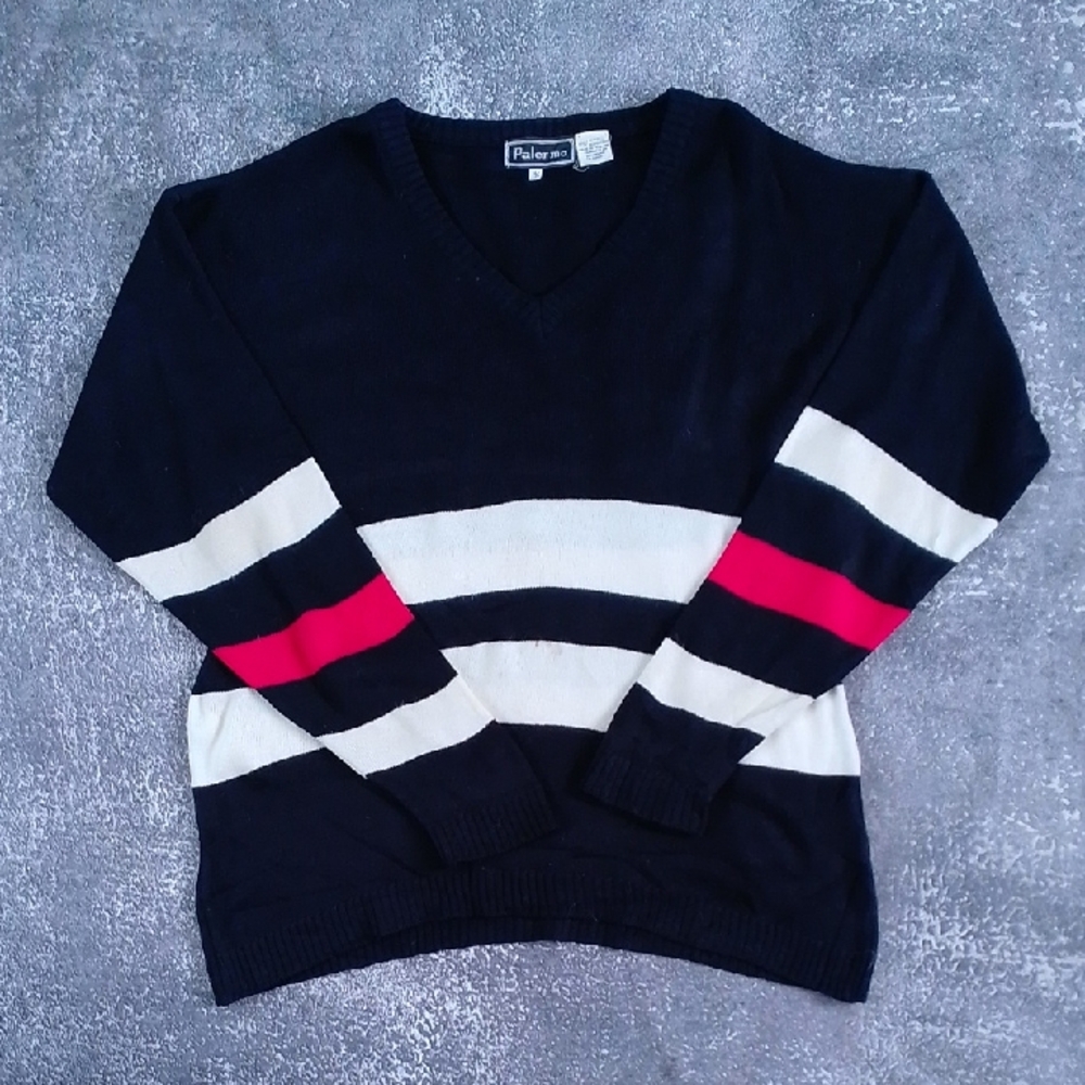Vintage 90s PALERMO Black and White V-Neck Sweater